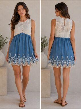 Vision USA Blue & Cream Crochet Lace Babydoll Dress Tunic‎